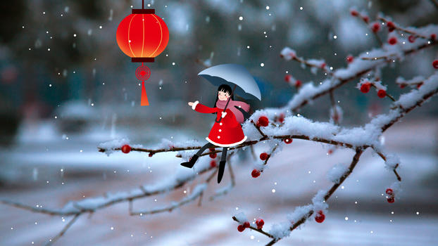冬天雪季里的梅花枝图片素材免费下载