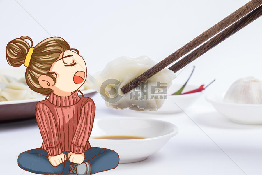 张嘴吃饺子的女孩图片素材免费下载