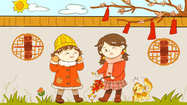 手绘春节场景插画图片素材免费下载