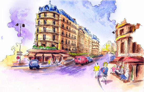 城市街风景水彩手绘图片素材免费下载
