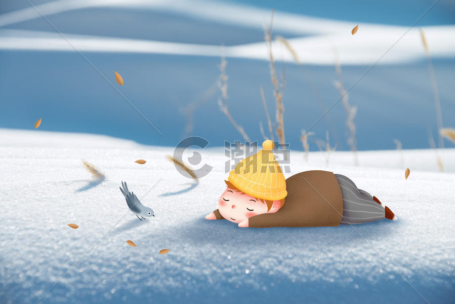 雪地里睡觉的男孩图片素材免费下载