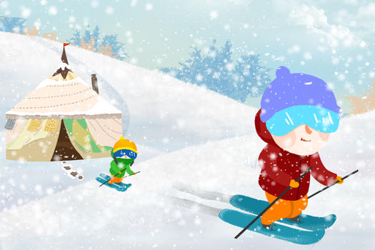 冬季下雪滑雪蒙古包旅行插画图片素材免费下载