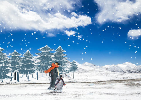 冬季企鹅雪山漫步赏雪景创意插画图片素材免费下载