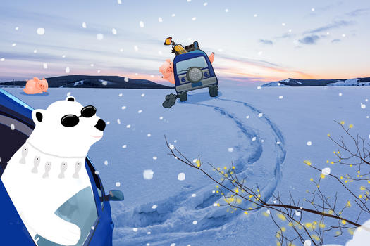 搞怪创意雪地飙车新年送福创意插画图片素材免费下载