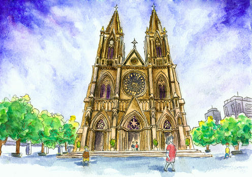 广州石室圣心大教堂水彩插画手绘图片素材免费下载