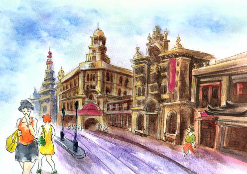 上海建筑街景水彩插画手绘图片素材免费下载