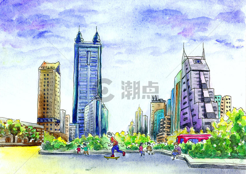 深圳城市建筑街景水彩插画手绘图片素材免费下载