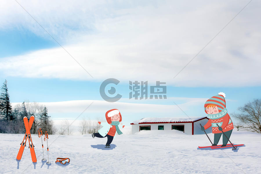 可爱搞怪雪地滑雪的孩子们图片素材免费下载