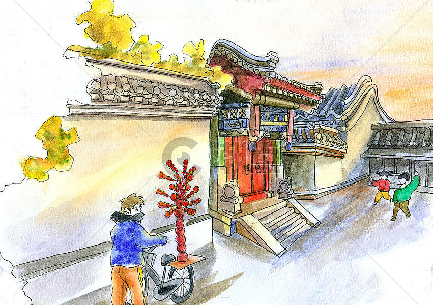 北京胡同水彩插画手绘图片素材免费下载