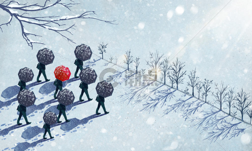 雪地上撑红伞的人图片素材免费下载