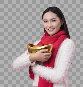 抱着金元宝的女性新年人像图片素材免费下载