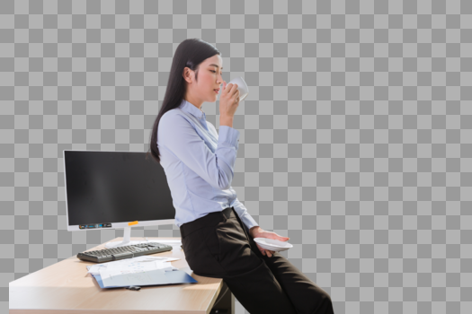 商务女性坐在办公桌上喝茶图片素材免费下载