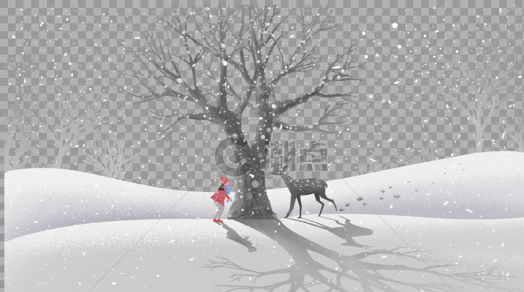 冬天雪地里的鹿和女孩图片素材免费下载