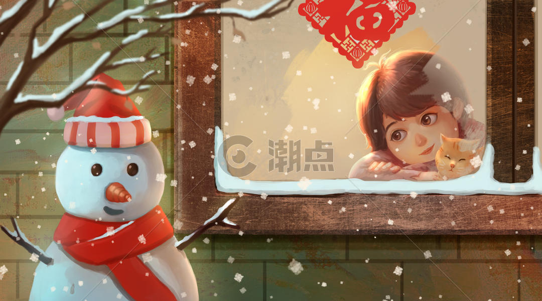 下雪天趴在窗台看雪人的女孩图片素材免费下载