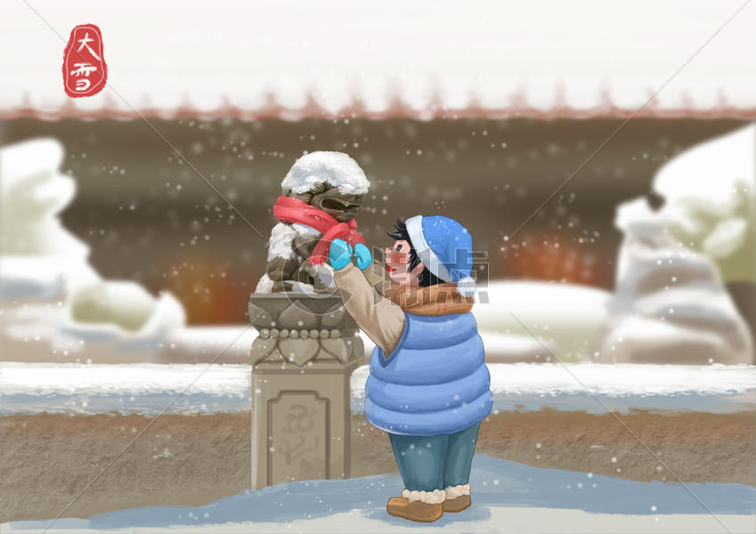 雪中小男孩为石狮子戴围巾图片素材免费下载