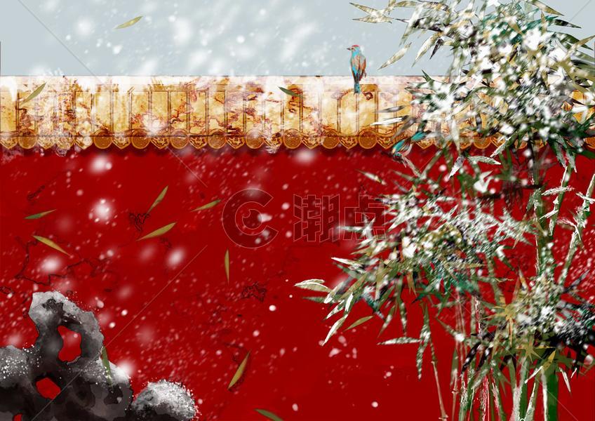 中国风水墨红墙冬季雪景图片素材免费下载