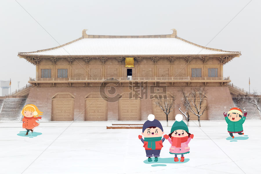冬天旅游古城游玩雪地图片素材免费下载
