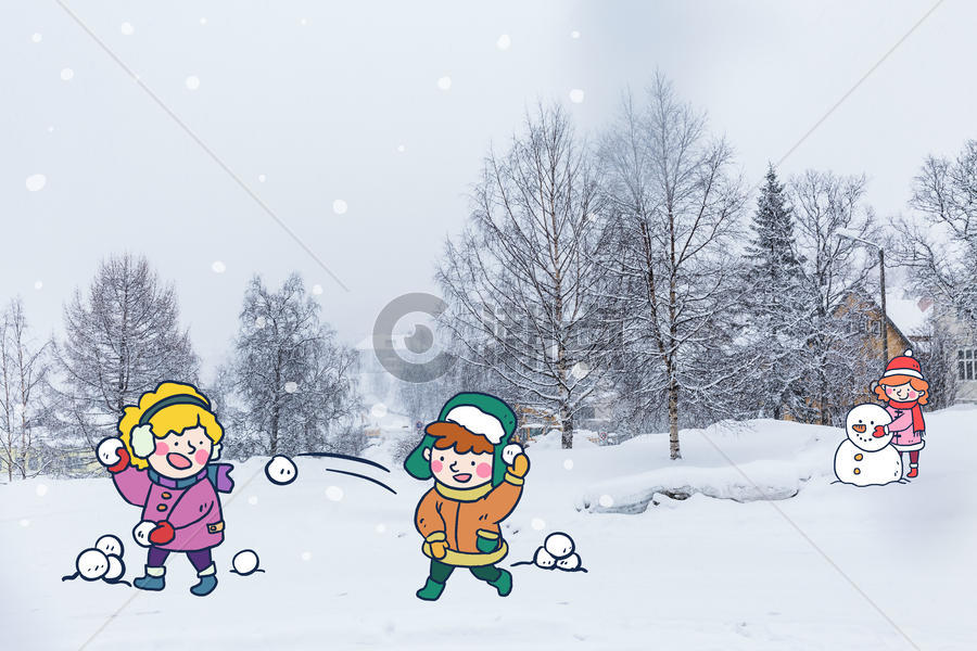 雪地里卡通玩耍的孩子们图片素材免费下载