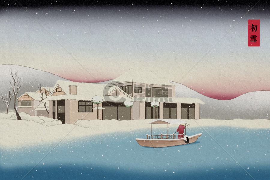 浮世绘小镇雪景图片素材免费下载