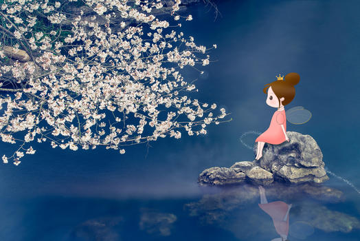 创意摄影插画-樱花树下的小精灵图片素材免费下载