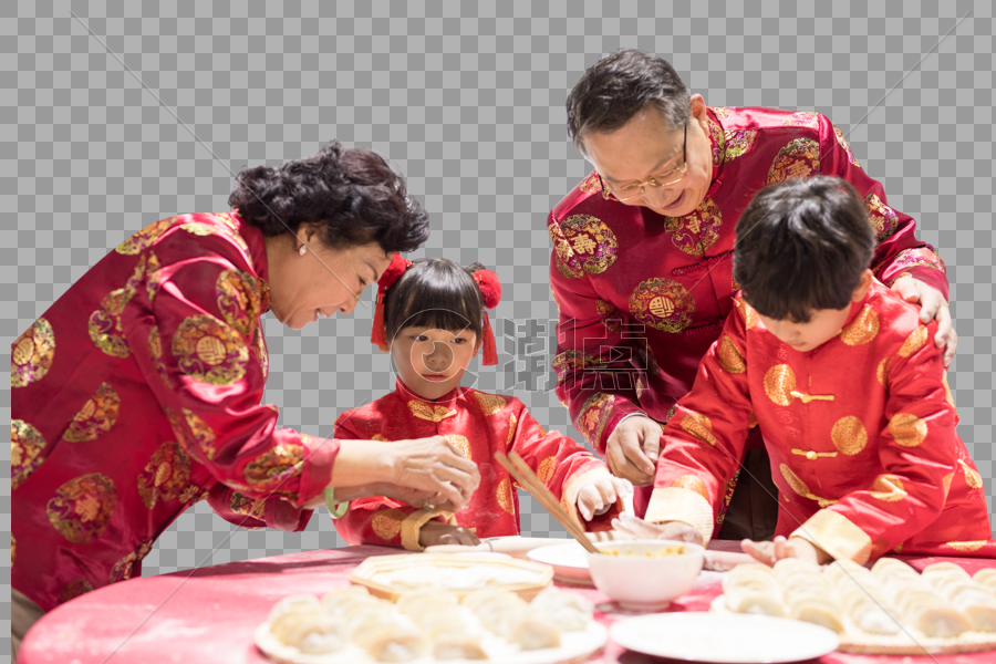 爷爷奶奶教孩子包水饺图片素材免费下载