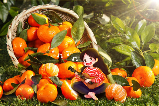 橘子堆里弹琴的女孩图片素材免费下载