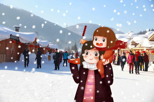 下雪出门游玩的母女图片素材免费下载