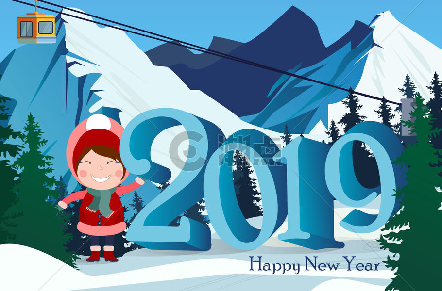 2019新年女孩冬季堆雪艺术字图片素材免费下载
