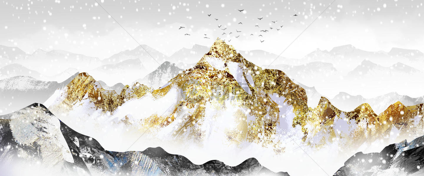 新中式冬季山水风景画图片素材免费下载