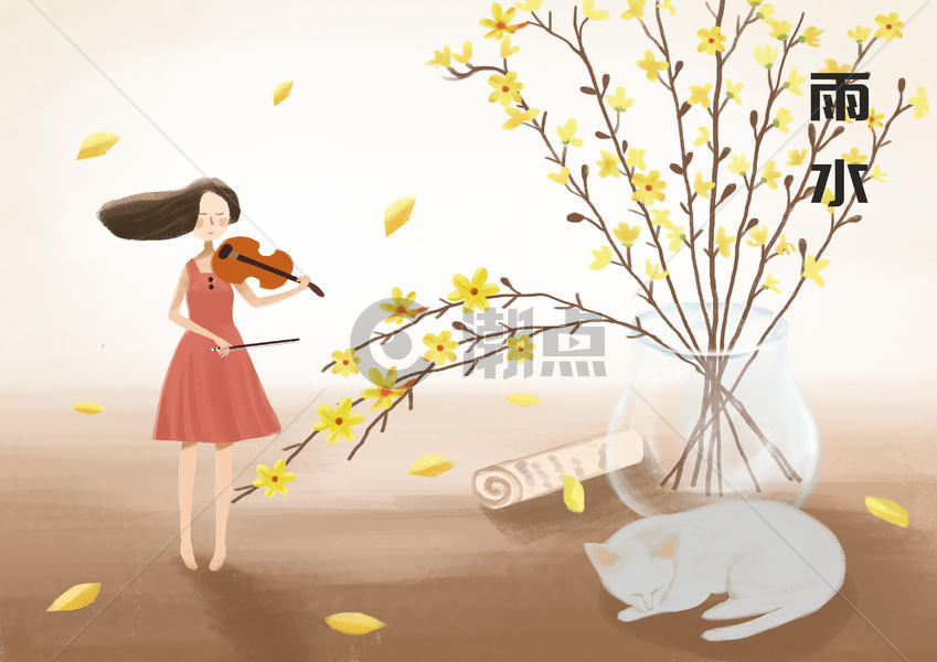 小人国迎春花瓣中拉小提琴的女孩图片素材免费下载