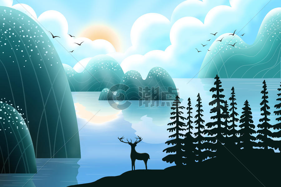 山水麋鹿风景插画图片素材免费下载
