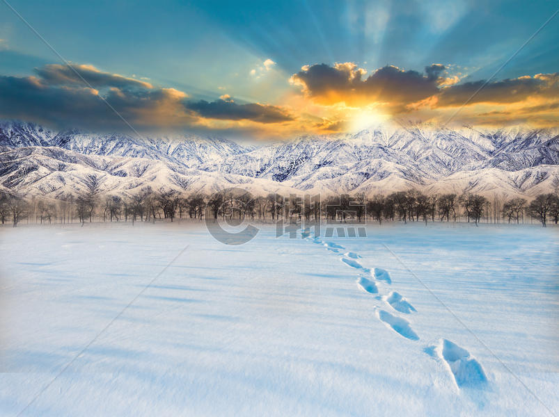 夕阳下的雪景图片素材免费下载