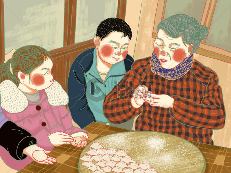 过年包饺子场景中国风插画图片素材免费下载