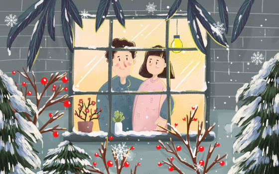 冬日温馨情侣插画图片素材免费下载