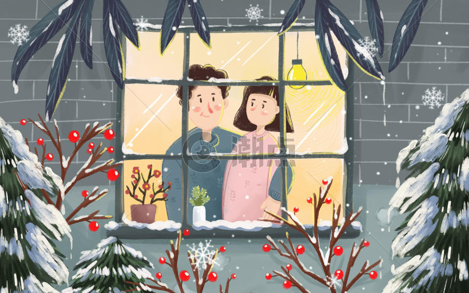 冬日温馨情侣插画图片素材免费下载