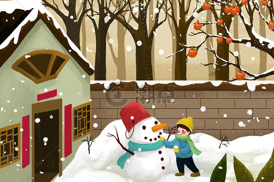 新春小孩堆雪人图片素材免费下载