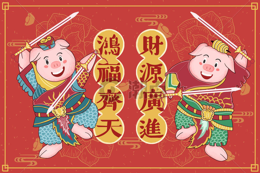 中国风猪年门神插画图片素材免费下载