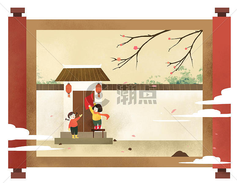 红色中国风卷轴小孩在家门口贴春联手绘插画图片素材免费下载