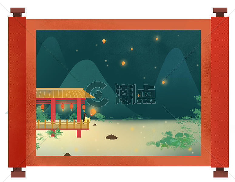 古风红色卷轴夜晚少女站立于湖中亭子放孔明灯元宵节插画图片素材免费下载