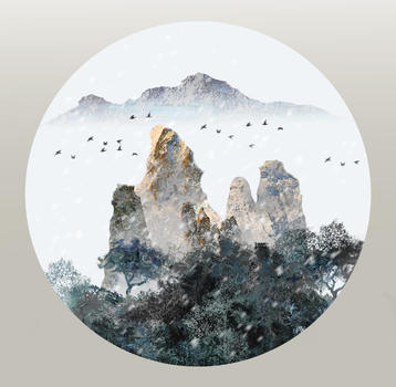 新中式圆形冬季水墨山水图片素材免费下载