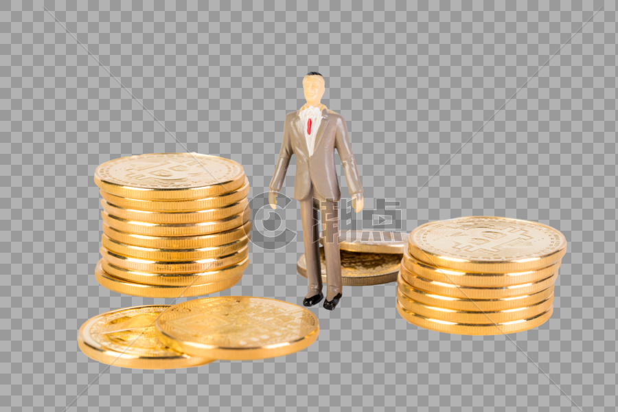 玩偶站在金币中间图片素材免费下载