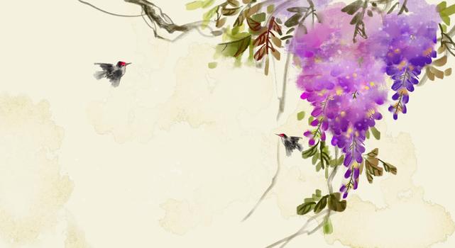 国画水墨写意紫藤花卉图片素材免费下载