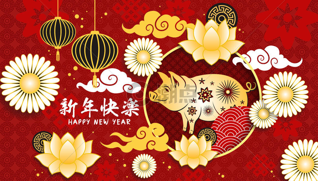 时尚大气金红黑色搭配中国风新年快乐图片素材免费下载