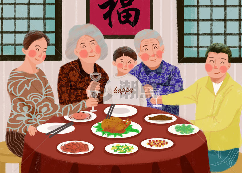 春节除夕年夜饭家人团聚插画图片素材免费下载