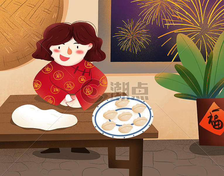小清新手绘新年包饺子插画图片素材免费下载