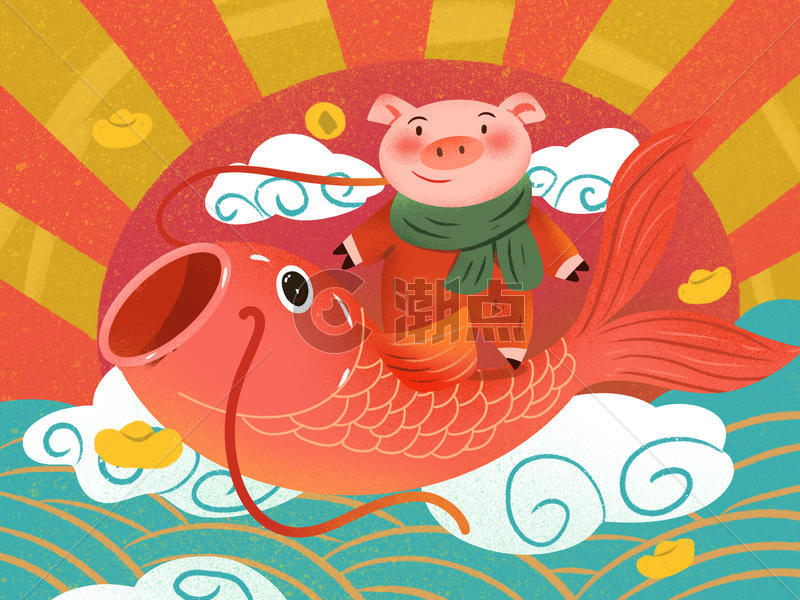 小清新手绘新年锦鲤猪年插画图片素材免费下载