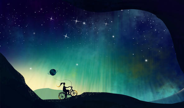 深蓝色璀璨星空下扎马尾女孩骑着单车手绘插画图片素材免费下载