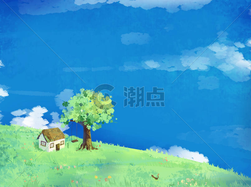 小清新蓝色天空和绿色山坡背景中有一个稻草房子在大树边手绘插画图片素材免费下载