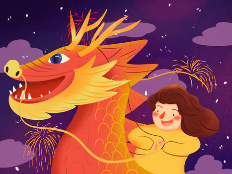 龙和小男孩插画新年图片素材免费下载