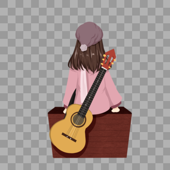 背着吉他坐在行李箱上的女孩图片素材免费下载